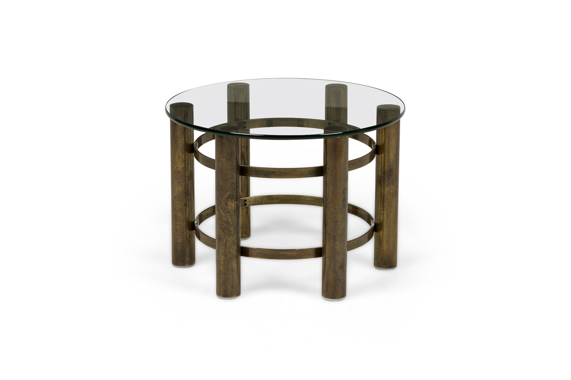 Round glass top coffee table with bronze base