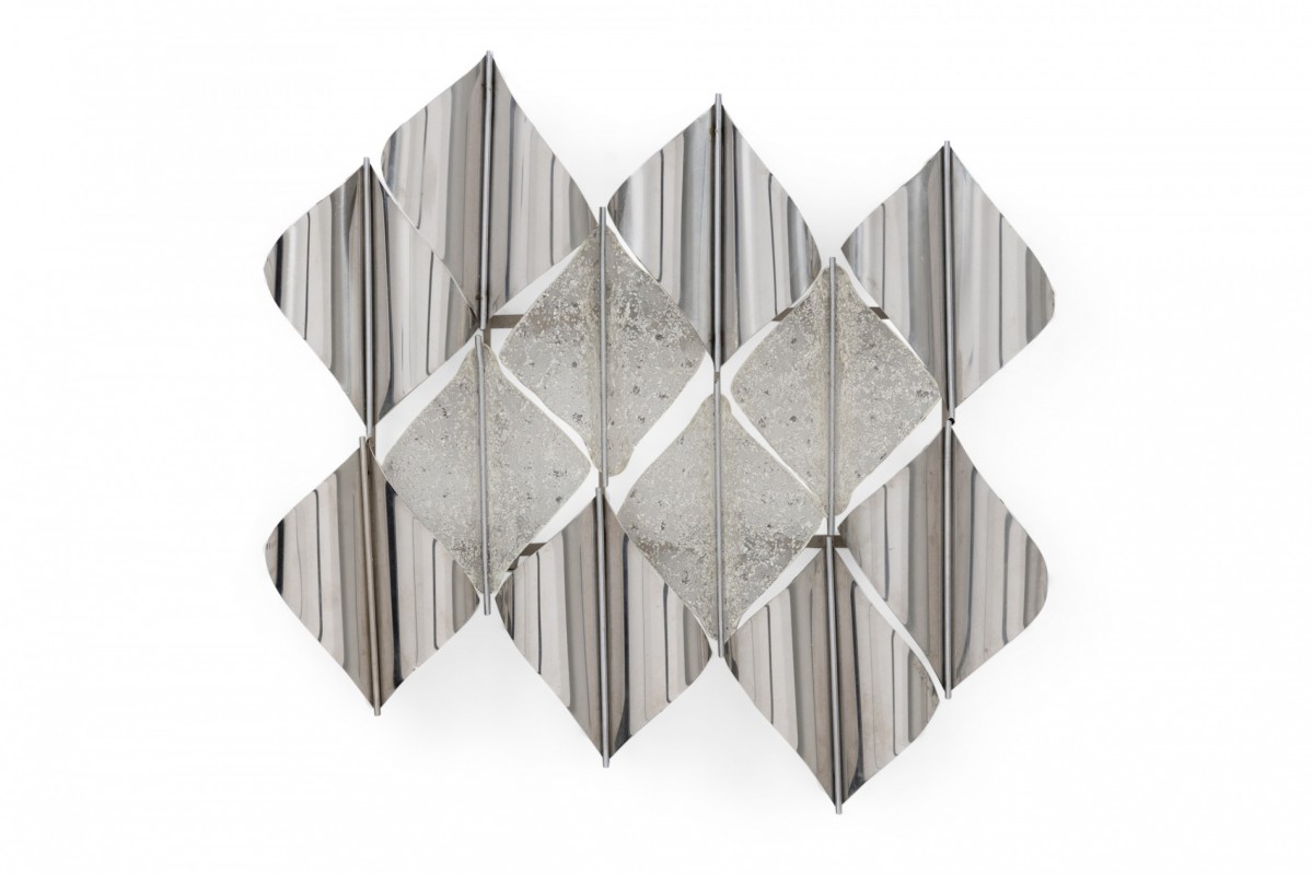 Mazzega mid century italian modern handblown glass and polished stainless steel wall light