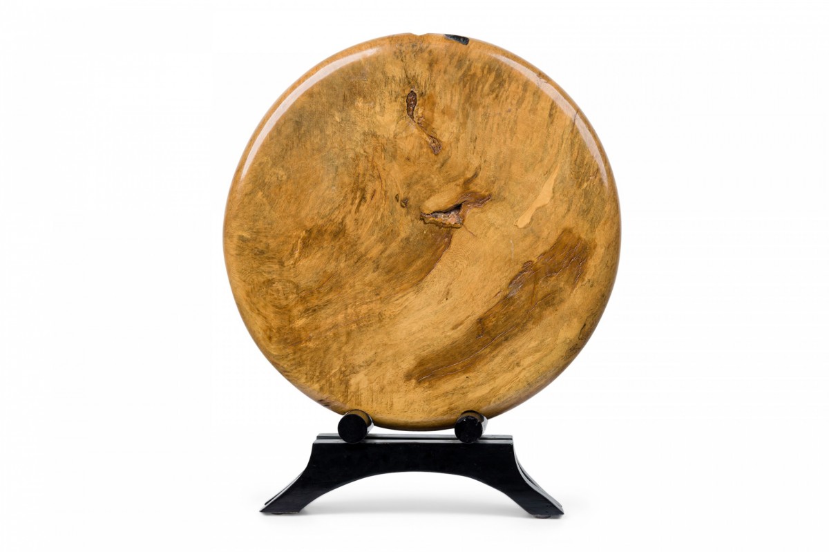 Contemporary american modern circular wood sculpture on stand
