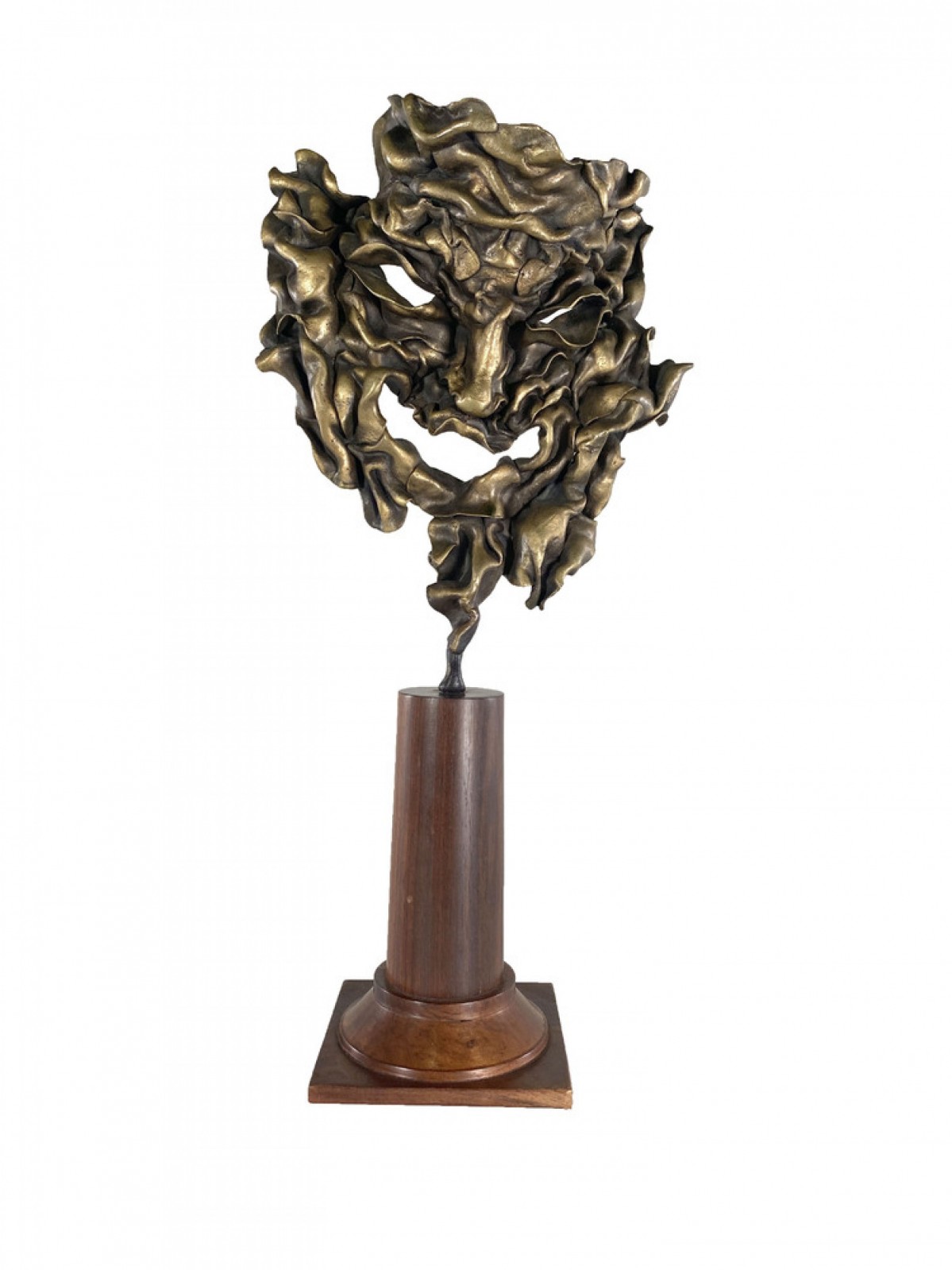 Bronze mask sculpture on wood base