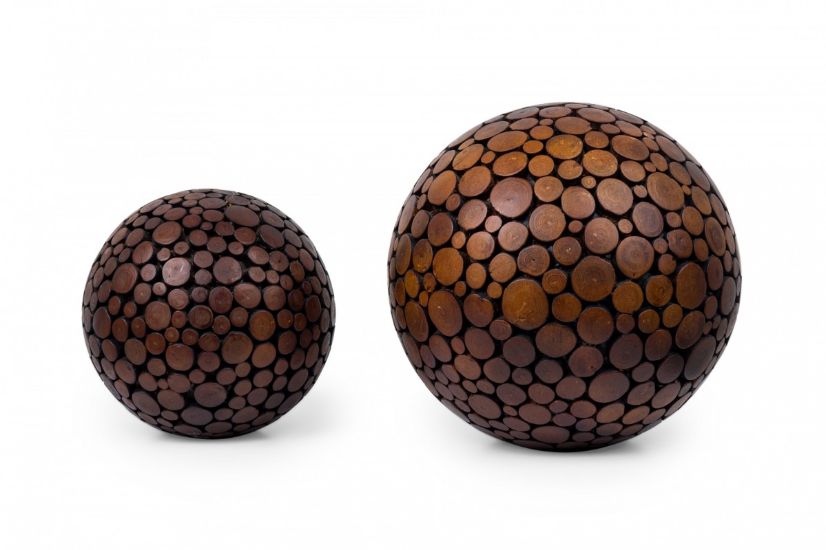 Pair of contemporary american carved wood sphere sculptures