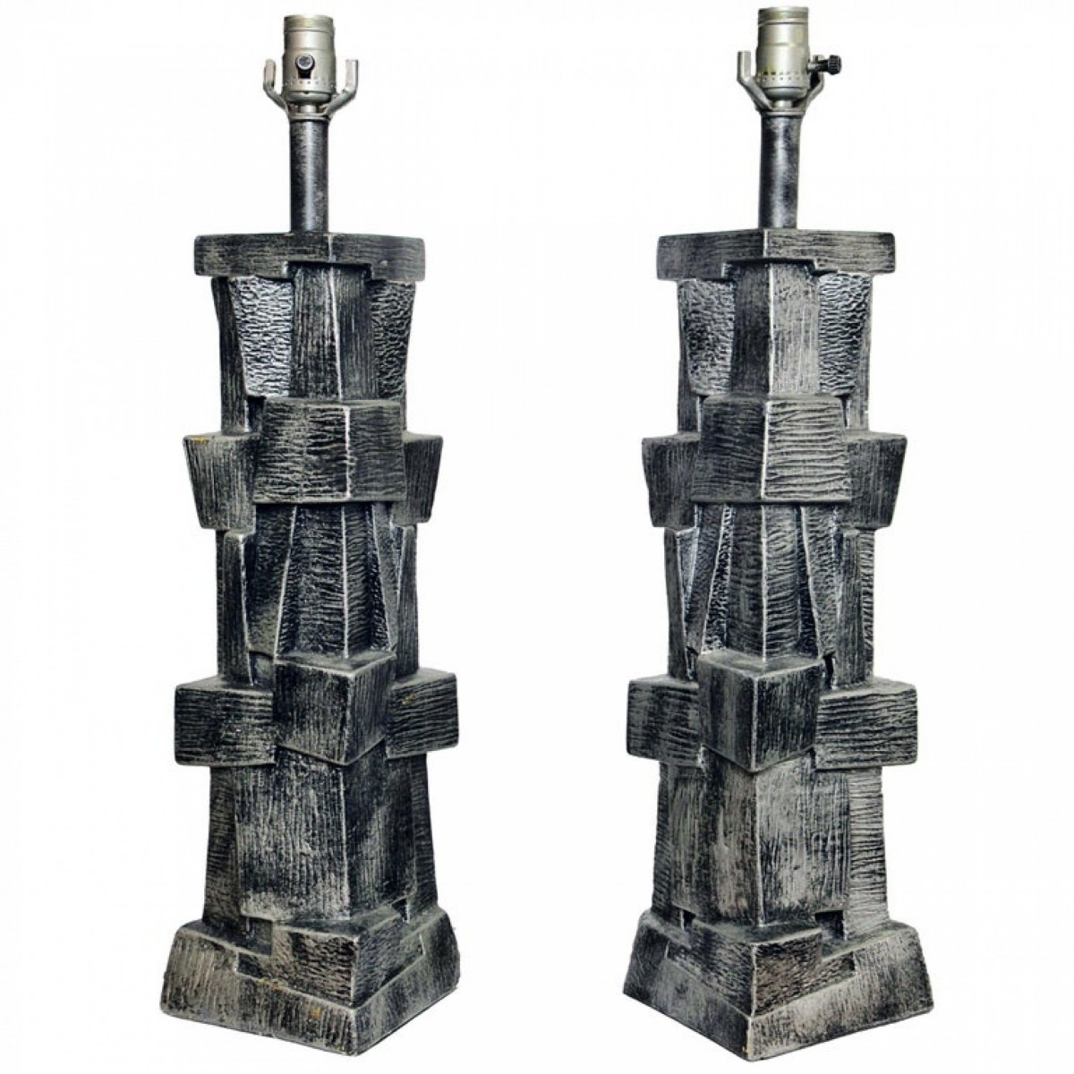 Pair of american modern glazed ceramic brutalist table lamps