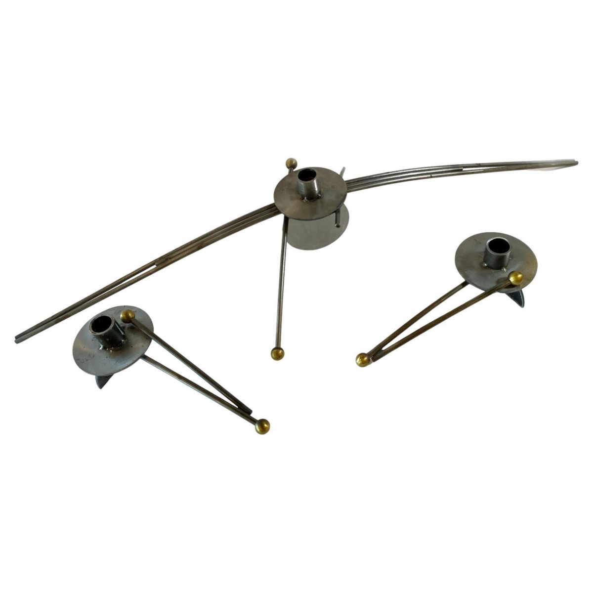 Set of 3 american modern steel and brass candlesticks girardini design