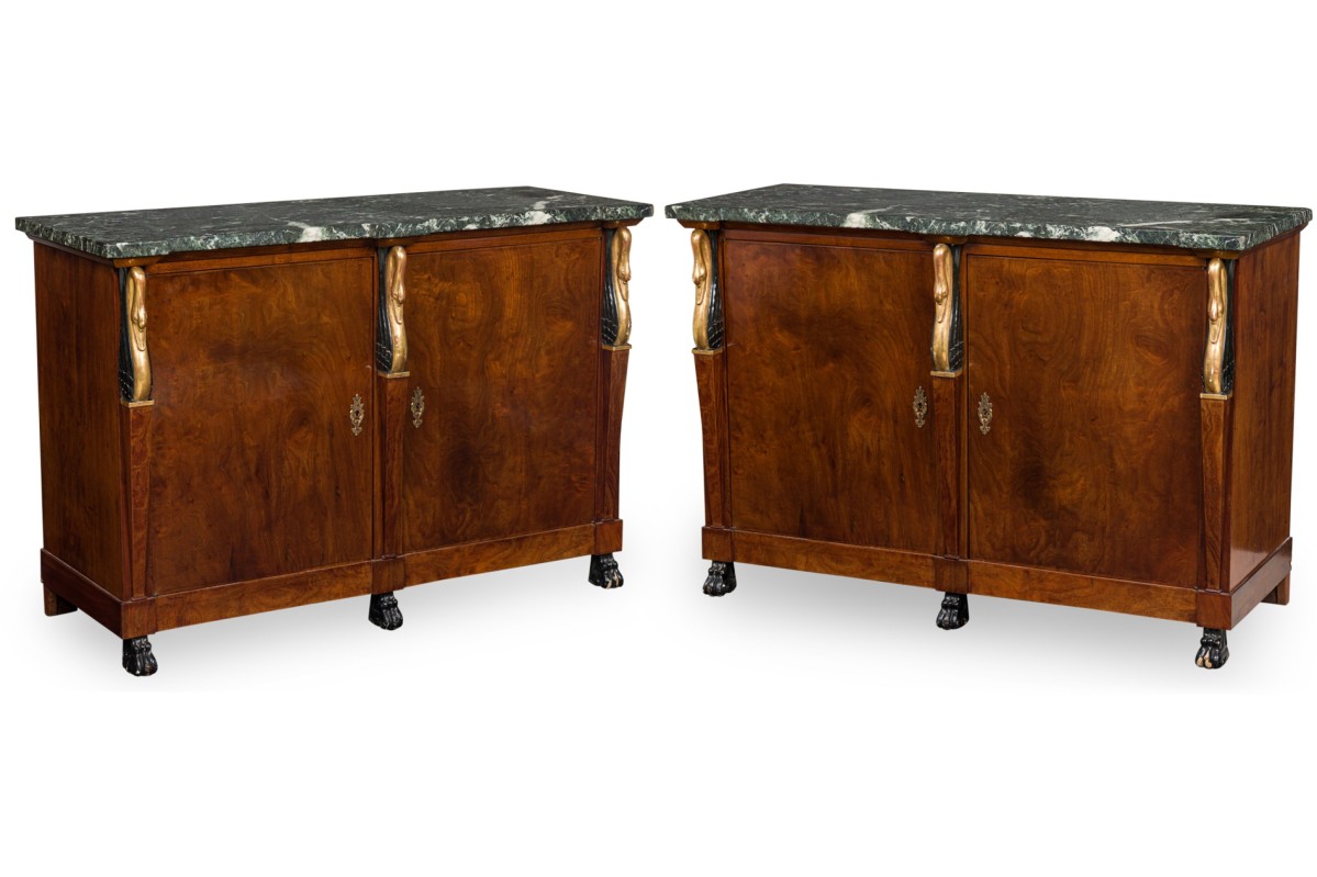 Pair of baltic empire style black and green marble and mahogany and parcel gilt 2 door credenzas