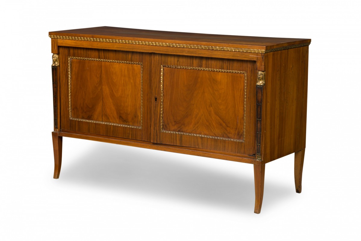 Italian neo classic walnut bronze parcel gilt 2 door credenza sideboard