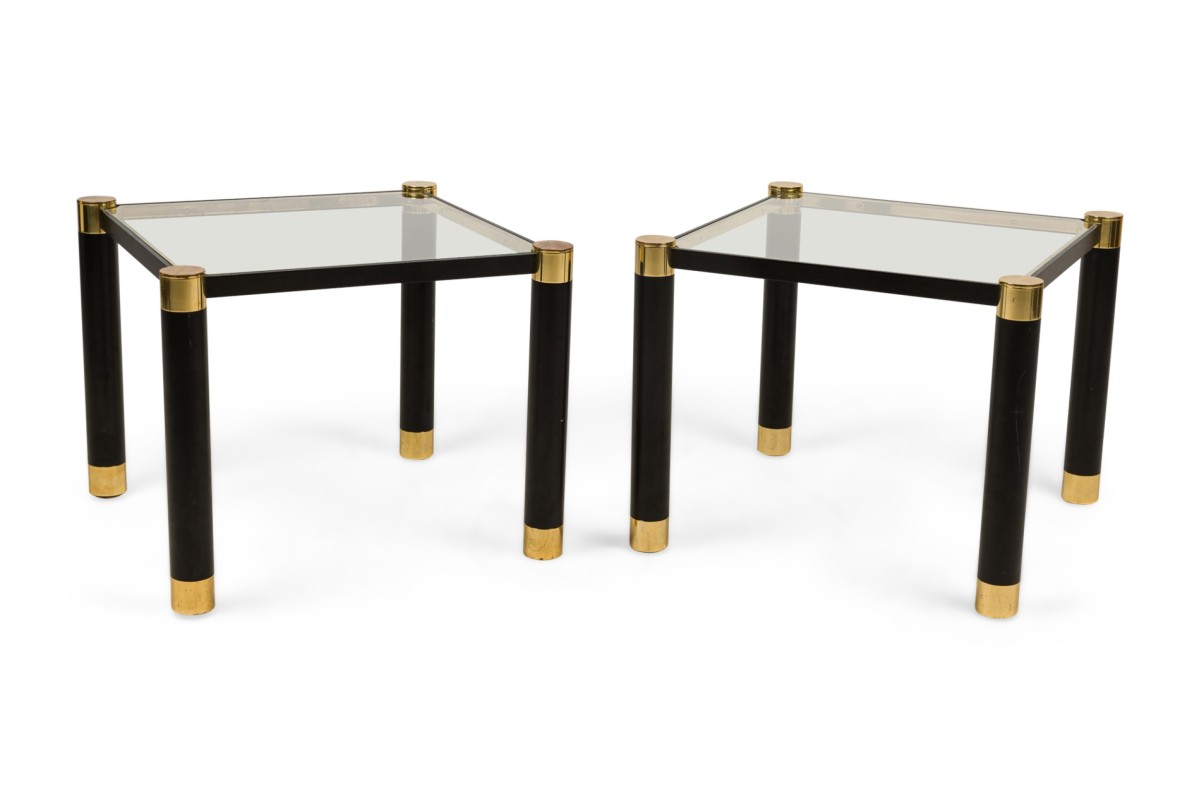 Pair of karl springer mid century american modern brass ebonized metal end side table frames