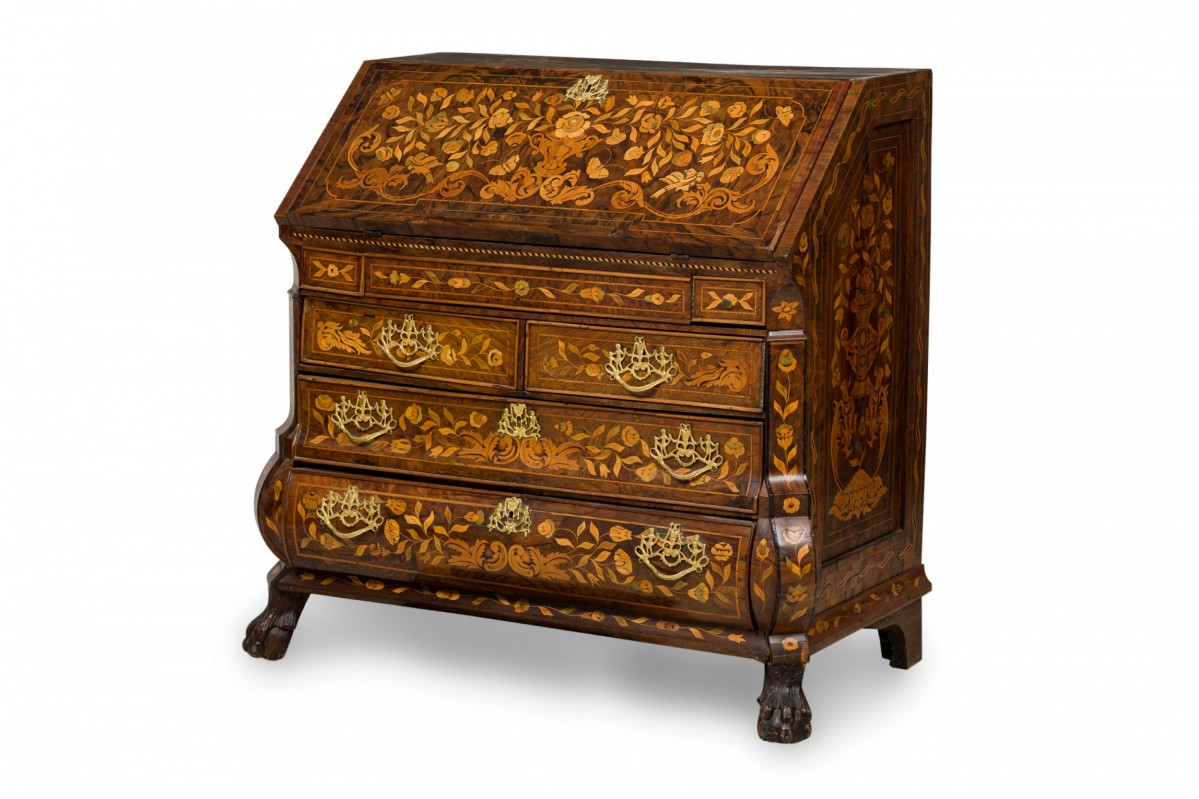 Dutch rococo bombe marquetry inlaid drop front desk secretary