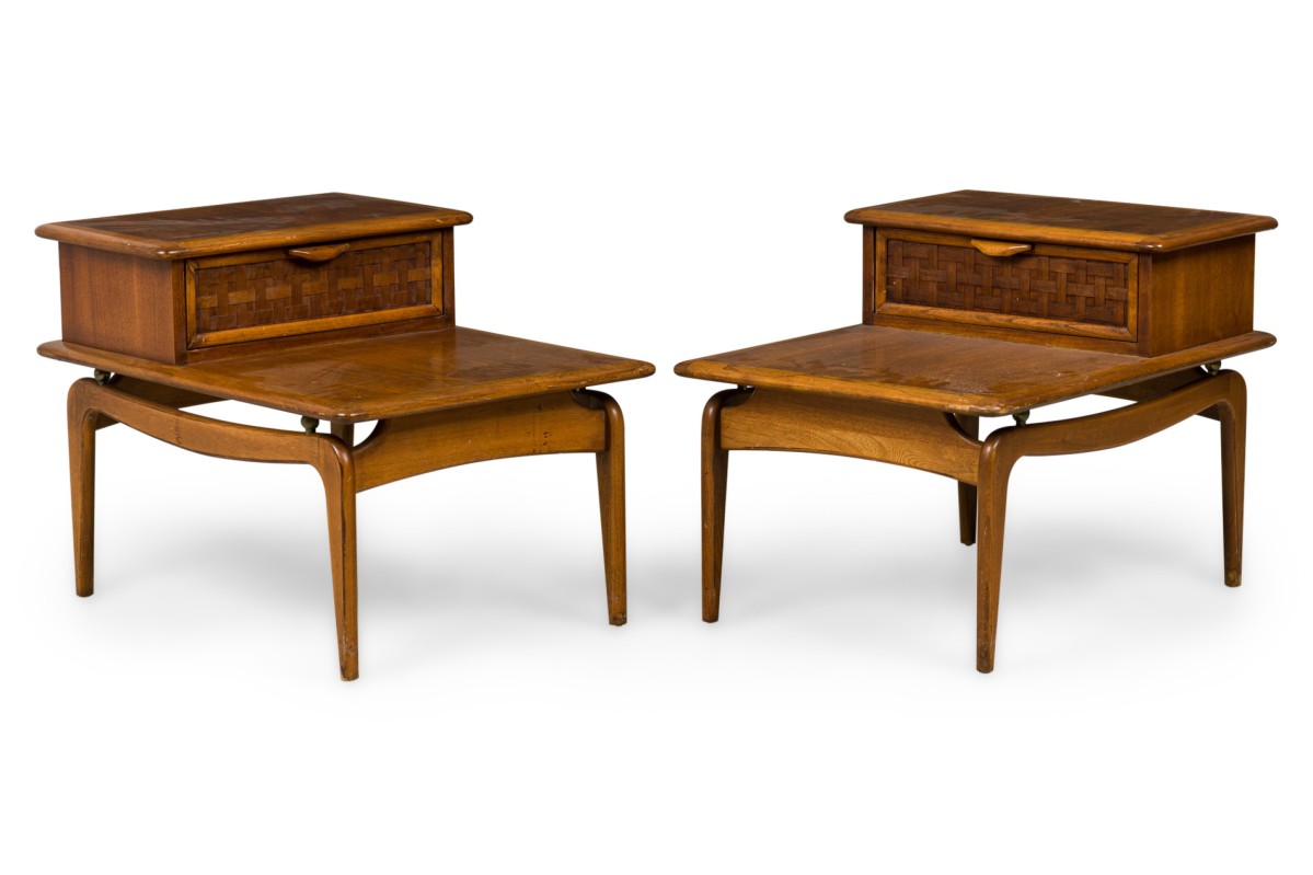 Pair of lane altavista mid century american modern walnut 2 tier nightstands end tables