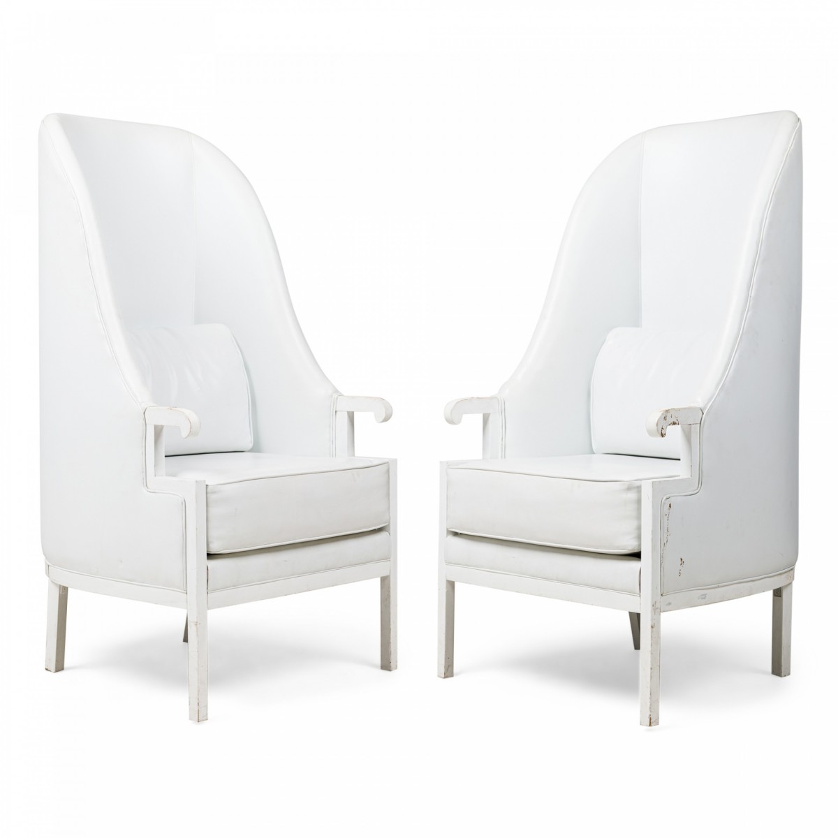 Pair of milo baughman mid century modern high back white wing armchairs