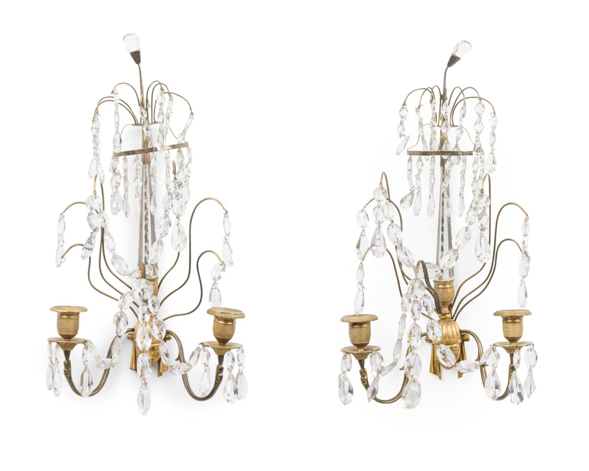 Pair of russian neo classic two arm brass and crystal sconces