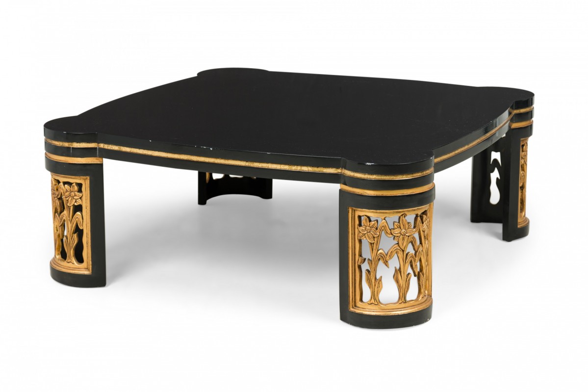 American mid century black lacquer floral parcel gilt low coffee table attributed to james mont
