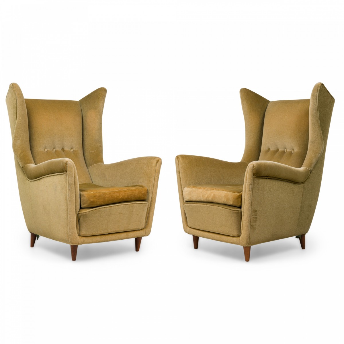 Pair of mid century italian modern gold velvet upholstered lounge armchairs manner of gio ponti