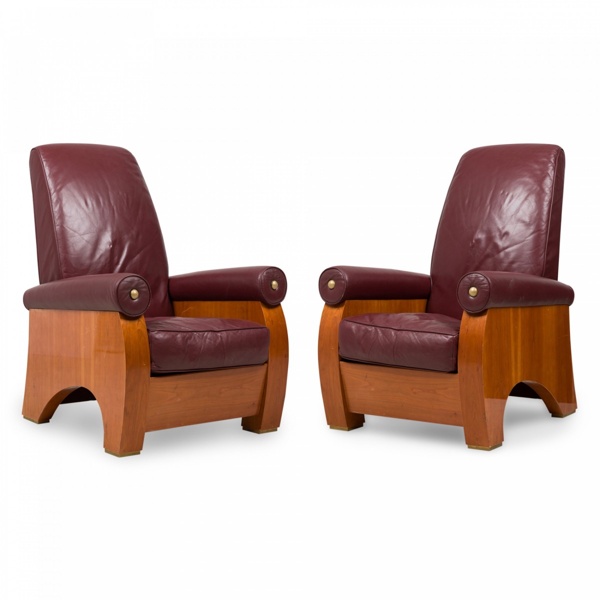 Pair of pace collection mid century american modern high back mahogany and burgundy leather chairs