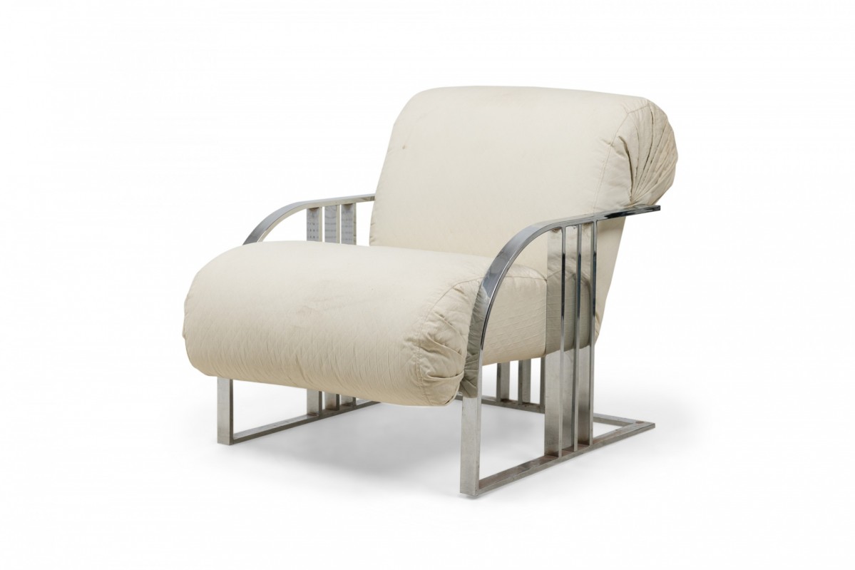 Milo baughman for thayer coggin mid century american chrome off white upholstered scroll armchair 
