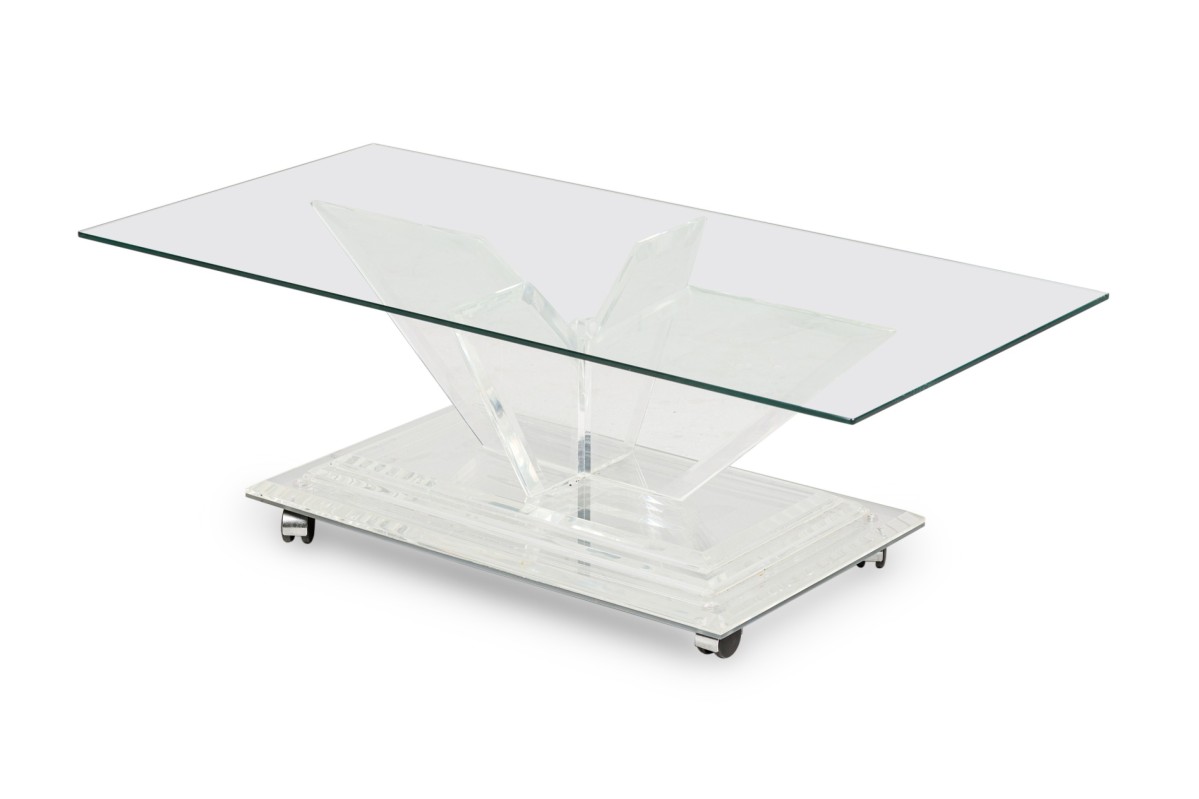 Charles hollis jones mid century american mirrored bottom lucite and glass cocktail table