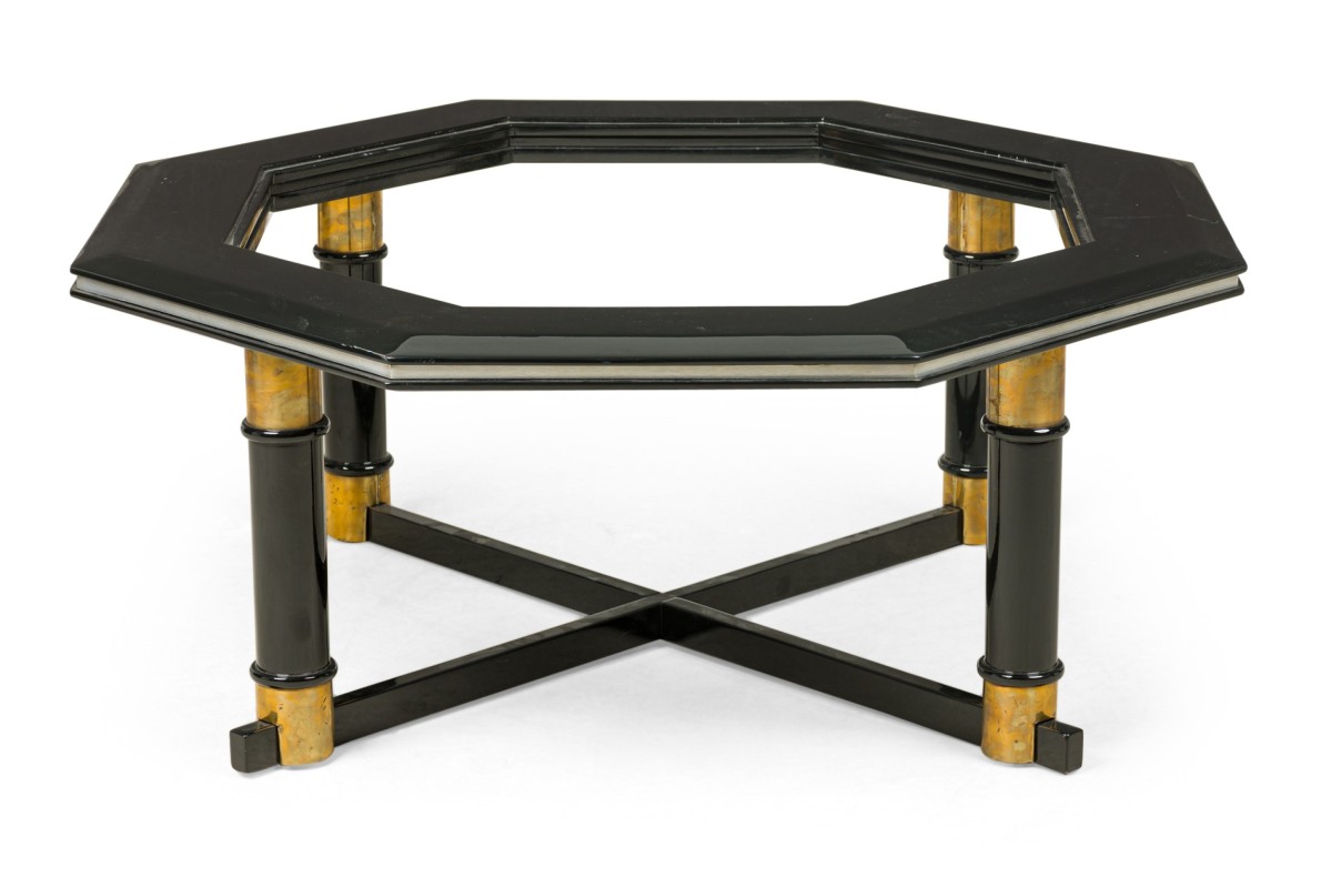 James mont mid century americna black lacquer and brass octagonal low coffee table frame