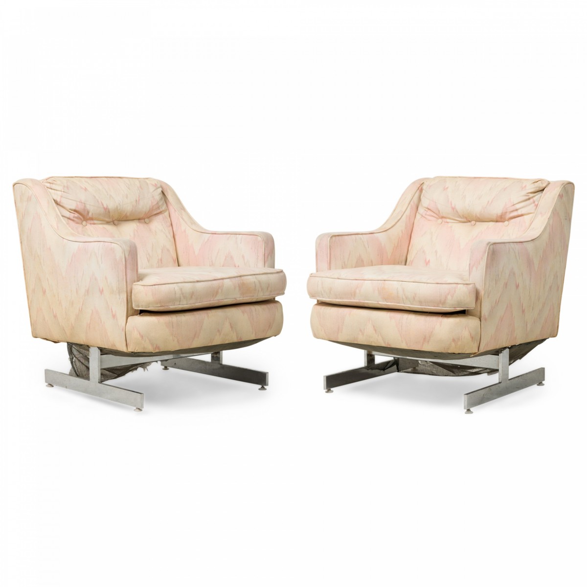 Pair of saporiti mid century italian silver polished metal beige zig zag upholstered armchairs