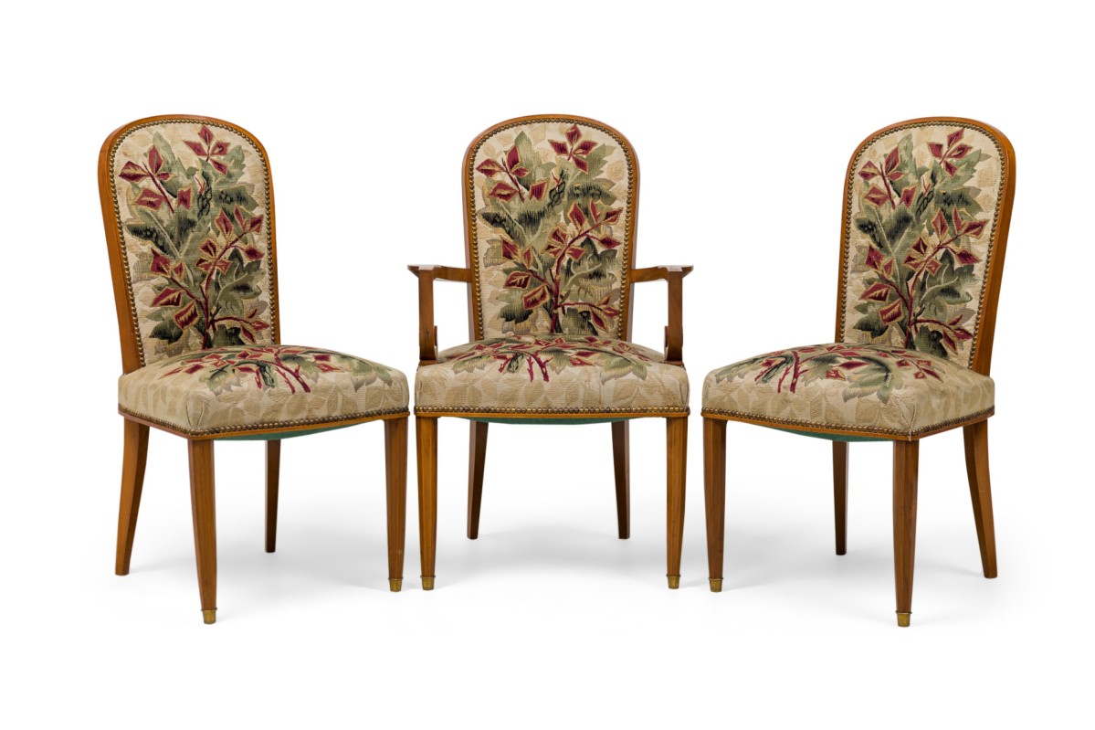Set of 10 jules leleu mid century french modern fruitwood tapestry dining chairs