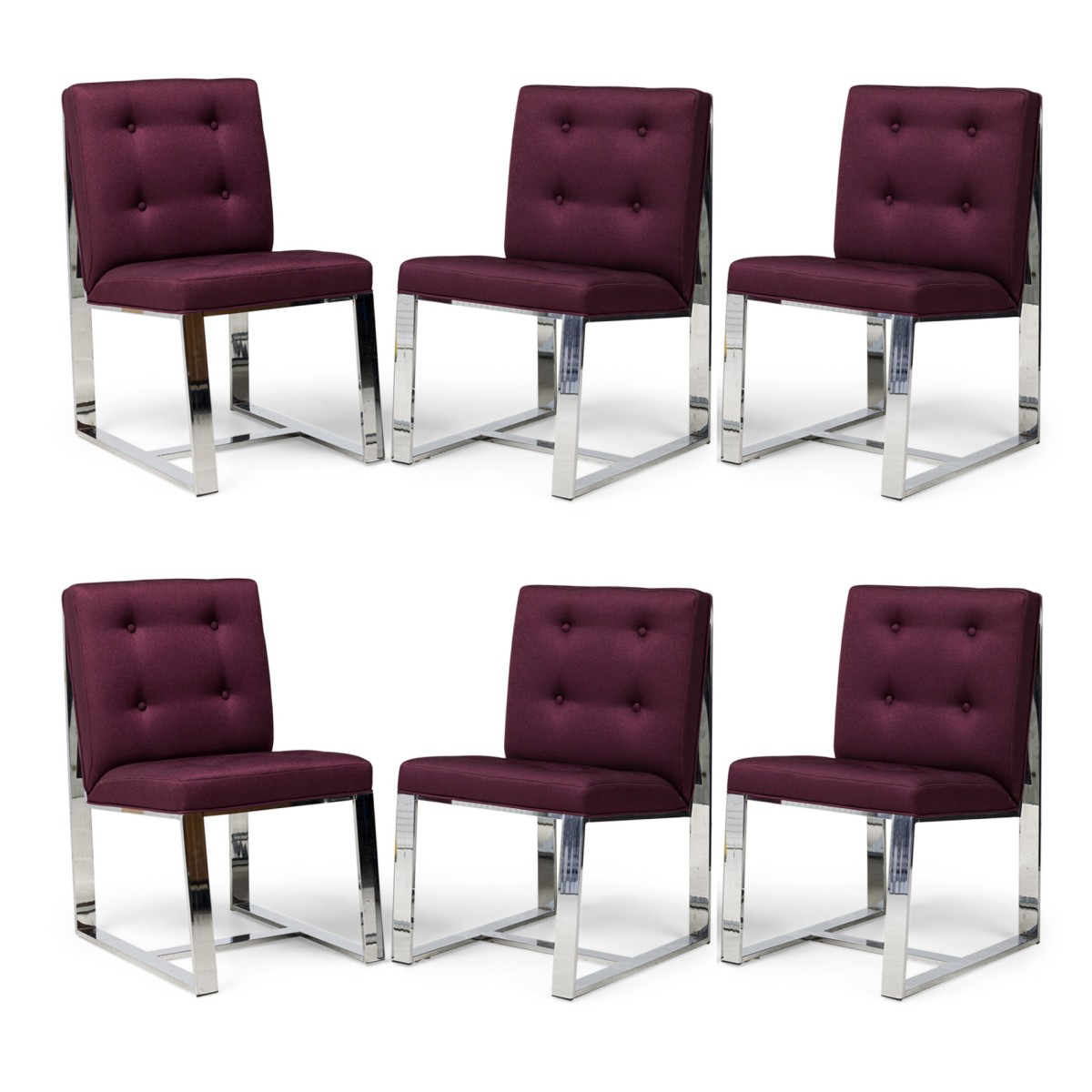 Set of 10 milo baughman american mid century polished steel and purple upholstered side chairs