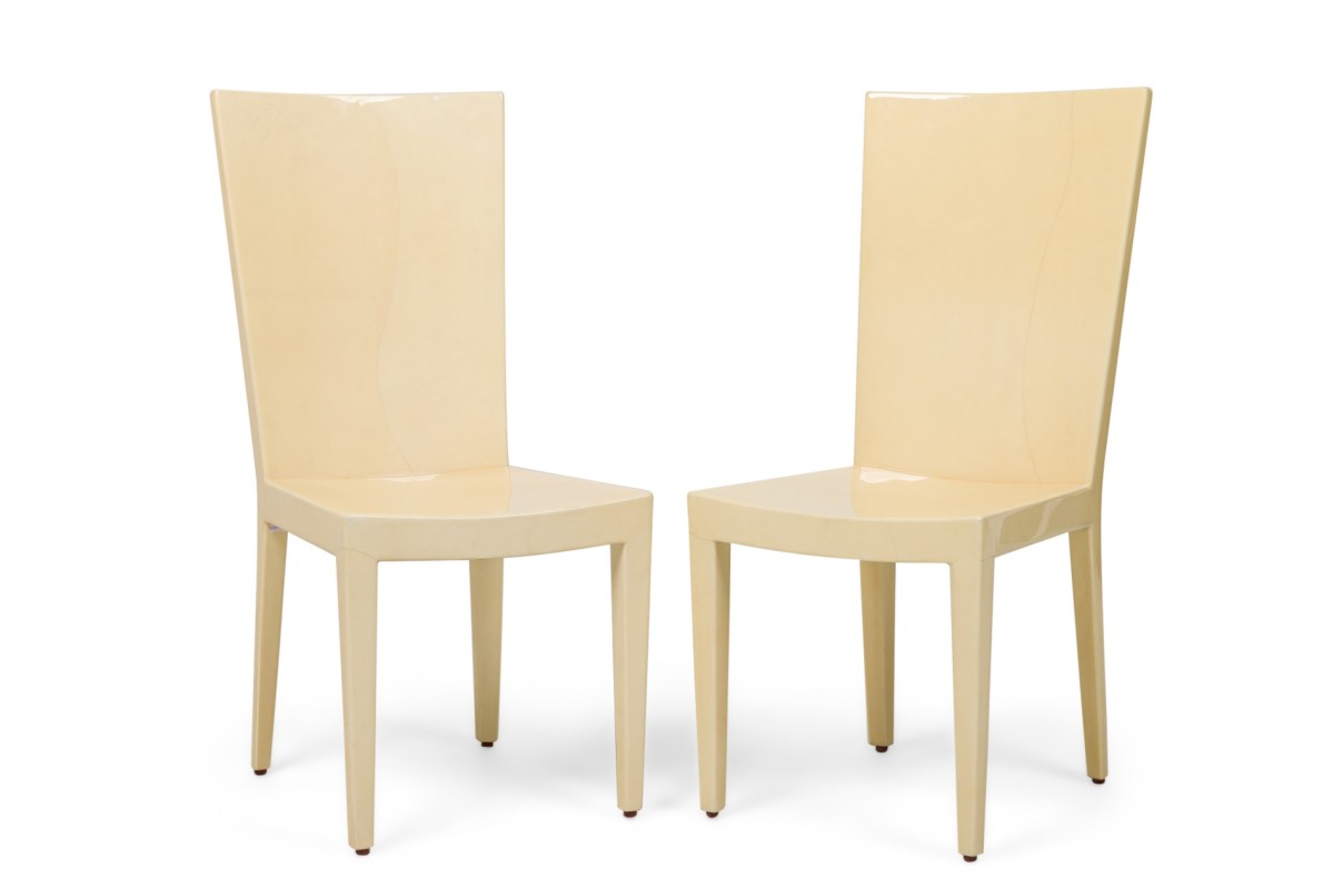 Set of 8 karl springer mid century modern lacquered beige parchment side dining chairs