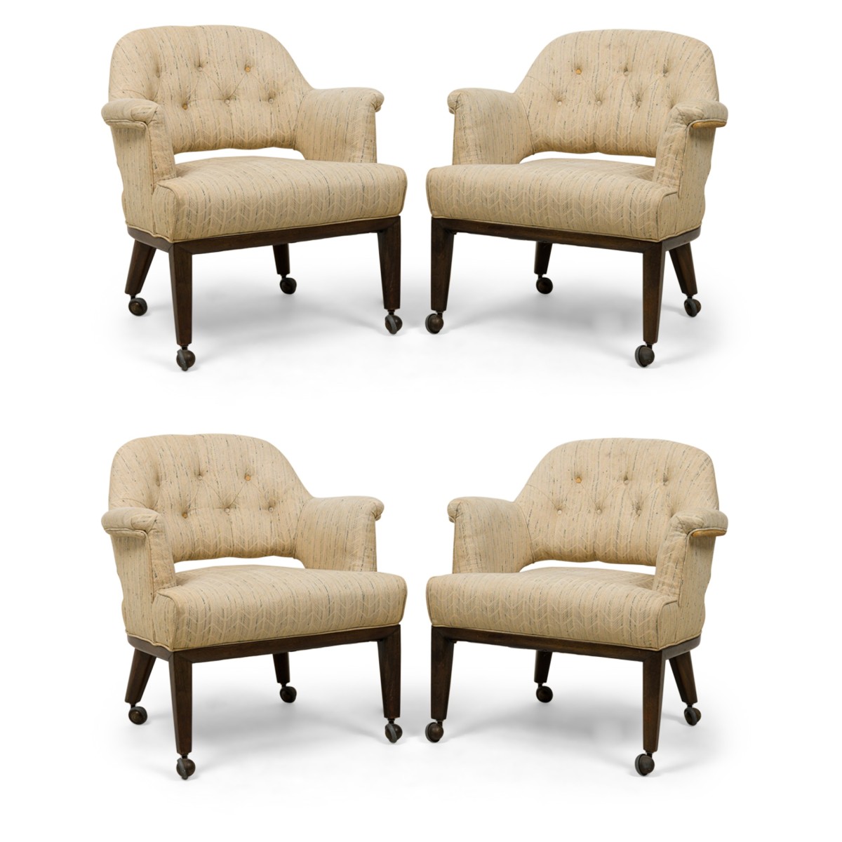 Set of 4 dunbar janus armchairs in beige textured weave upholstery manner of edward wormley