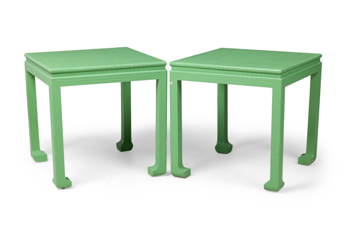 Pair of American mid century karl springer green embossed side table 