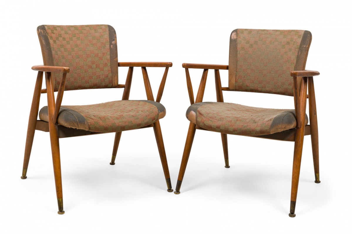 Pair of mid century american gray and beige geometric upholstered armchairs manner of gio ponti
