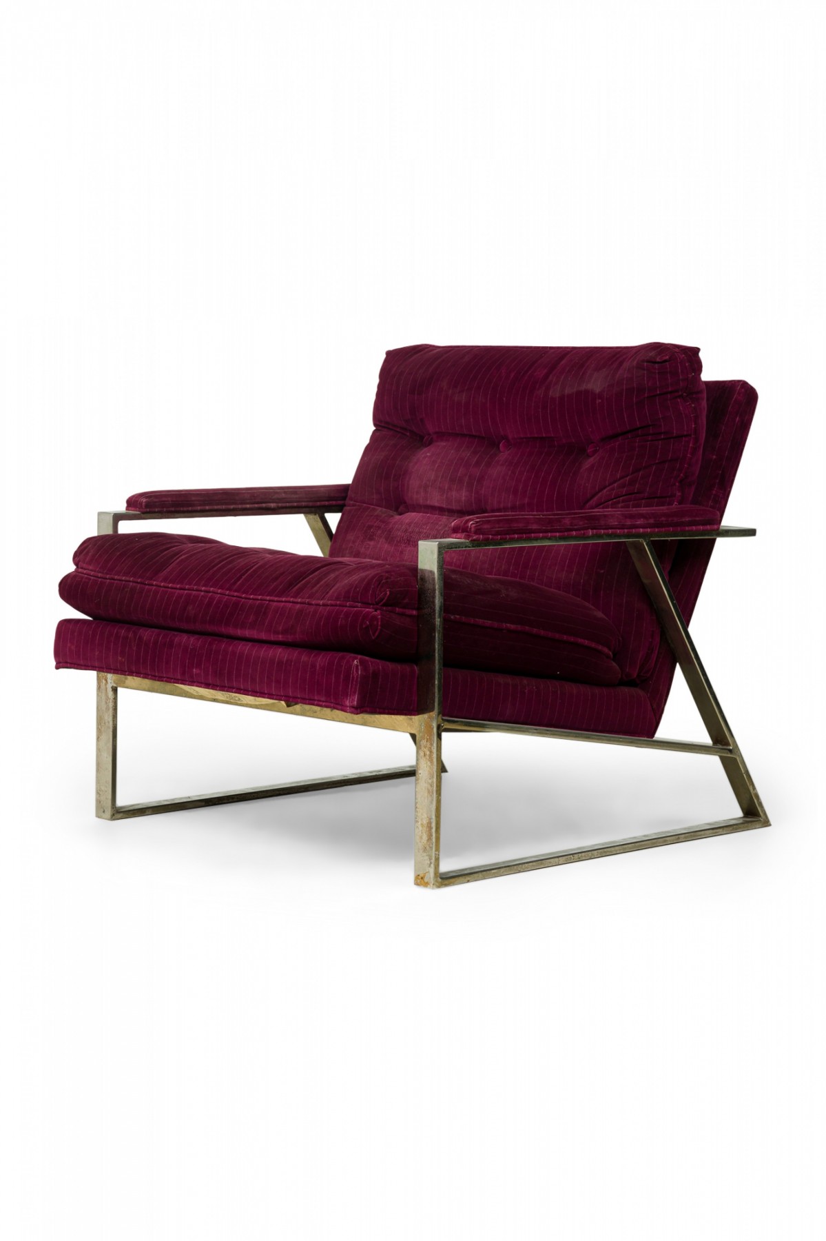 Milo baughman american mid century purple velour upholstered flat chrome bar lounge armchair