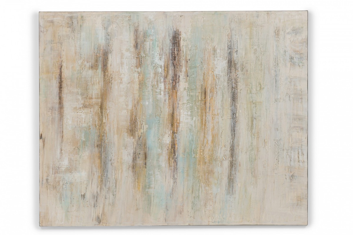 Contemporary abstract painting in beige brown and green on unframed stretched canvas