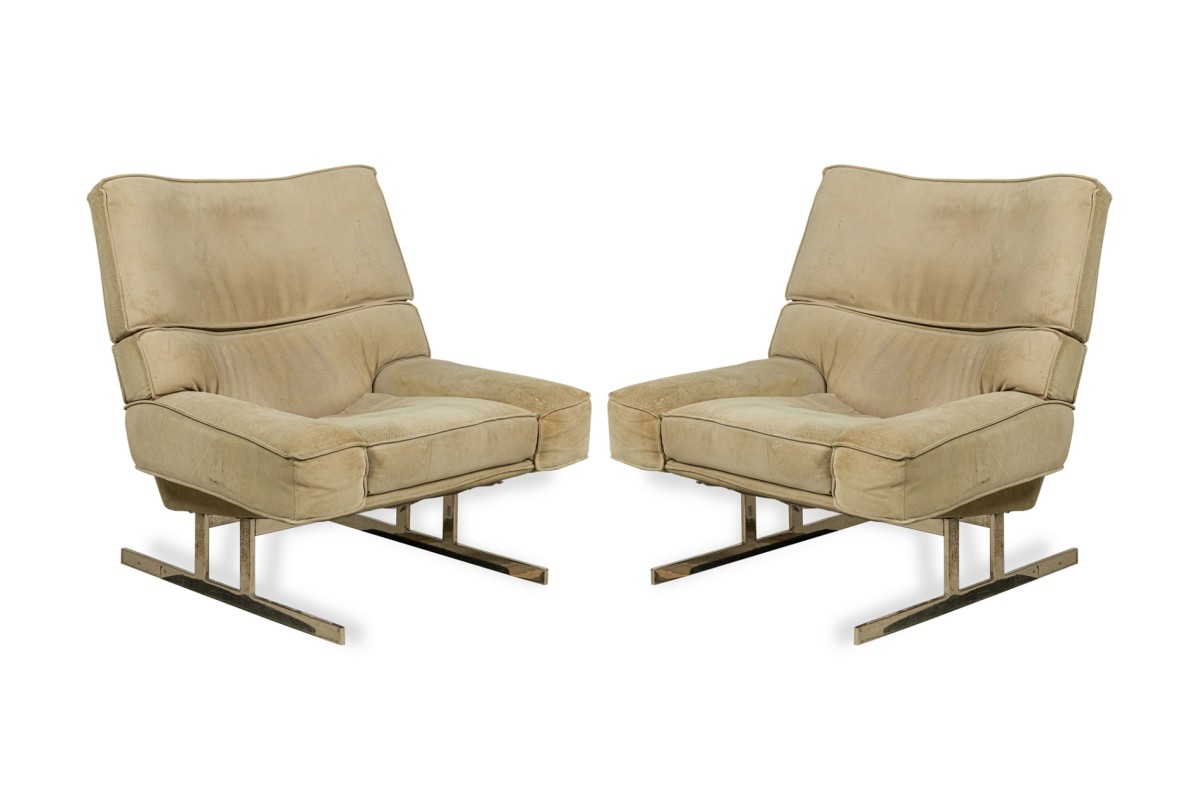 Pair of large milo baughman chrome and suede club chairs