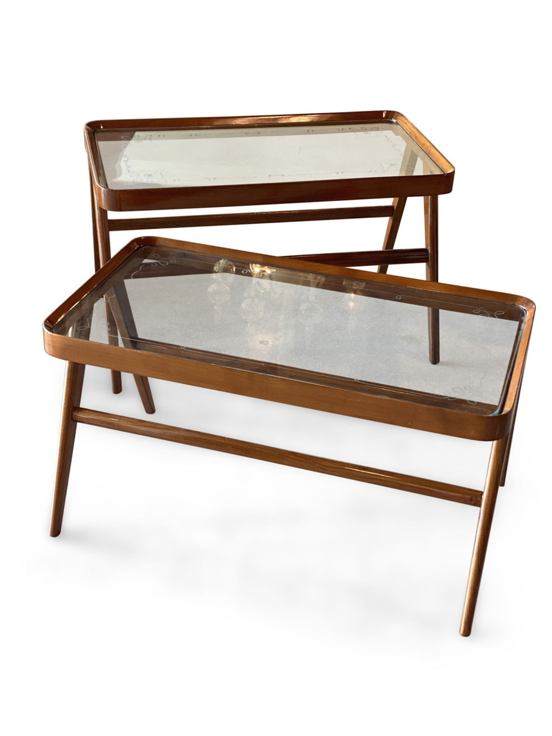 Pair of similar italian mid century cherrywood and glass low tables 2
