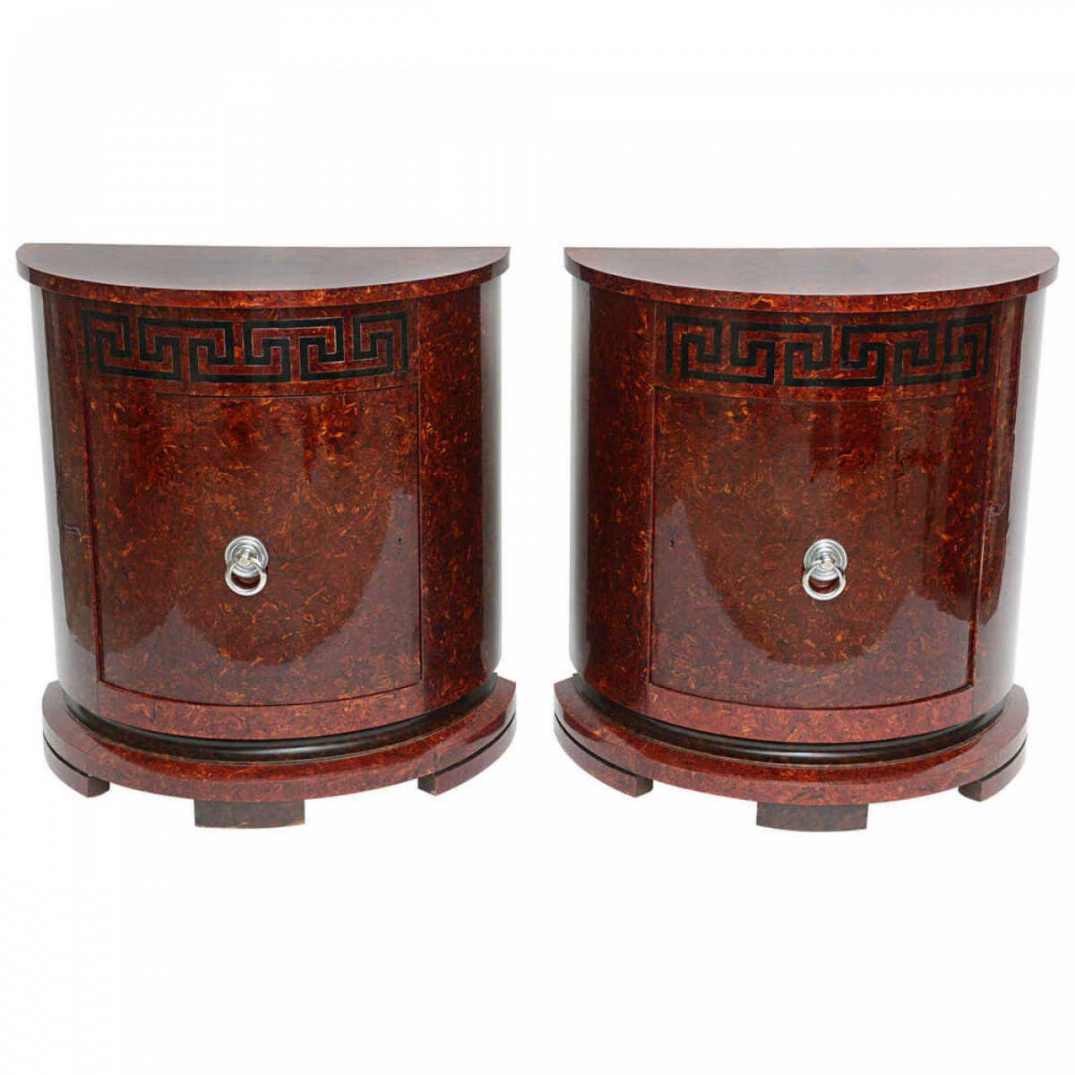 Pair of samuel marx mid century american faux tortoise and ebonized demilune cabinets