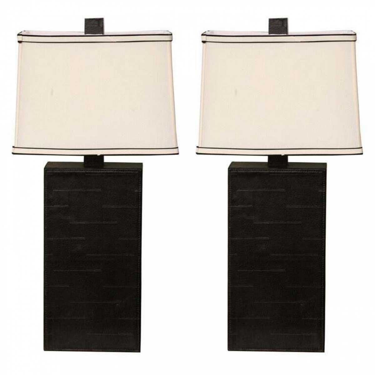 Pair of mid century american black leather table lamps in the style of jacques adnet