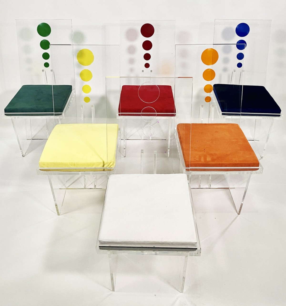 Set of 6 charles hollis jones american contemporary clear and multi colored lucite dining side chairs