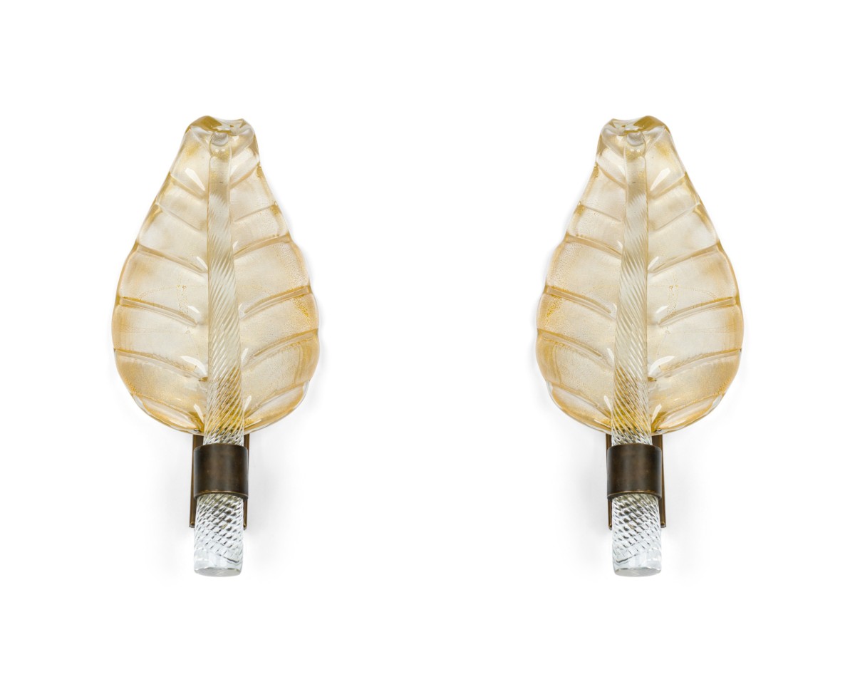 Italian Mid Century Gold Dusted glass and Bronze Leaf Murano Sconces