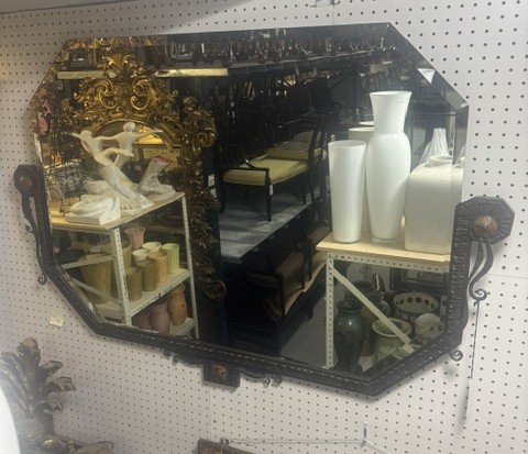 French art deco floral and scroll design skirted wrought iron wall mirror