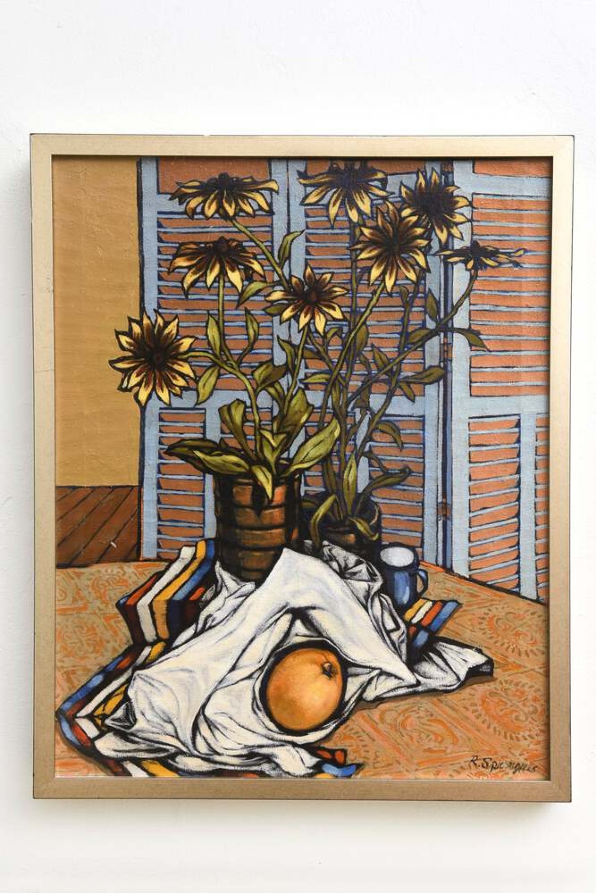 Robert springfels american mid century surrealist oil on canvas titled still life of orange and plants 1968