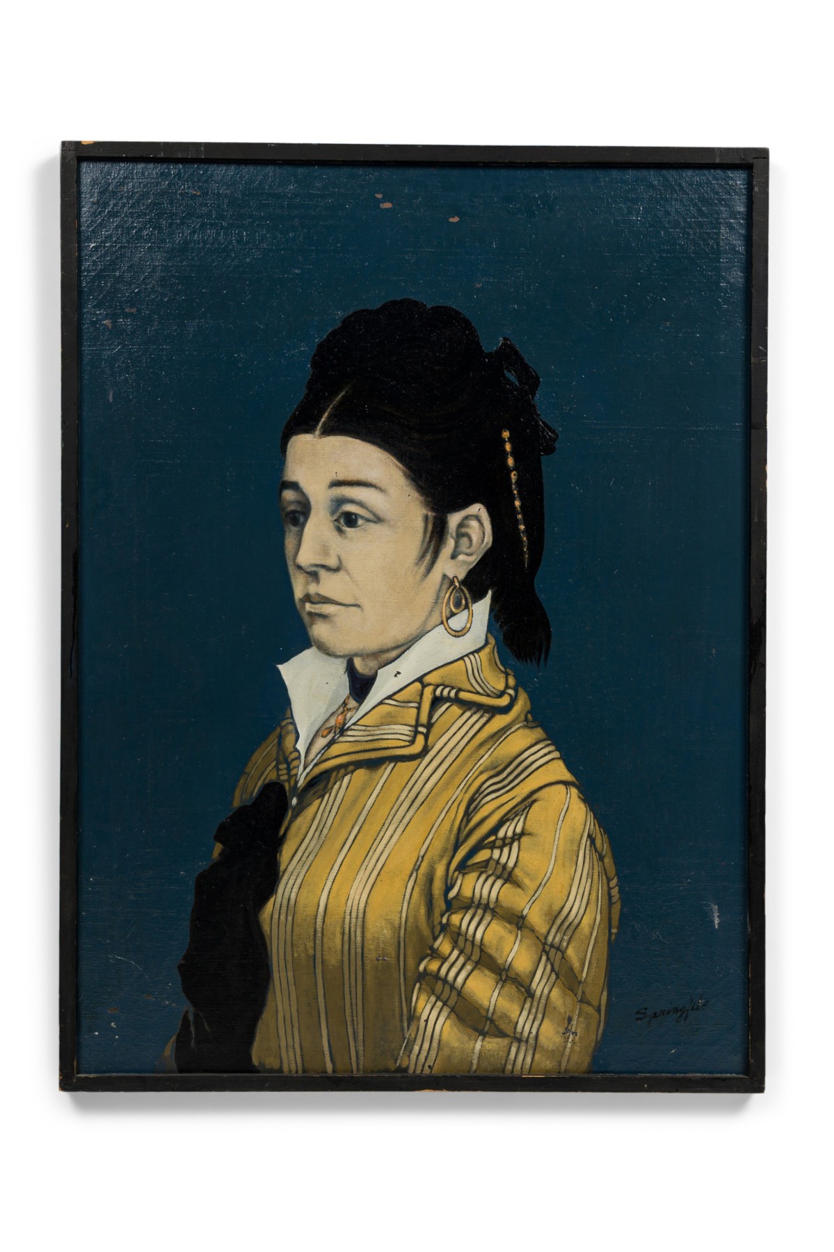 American mid century oil on canvas portrait of a lady in yellow