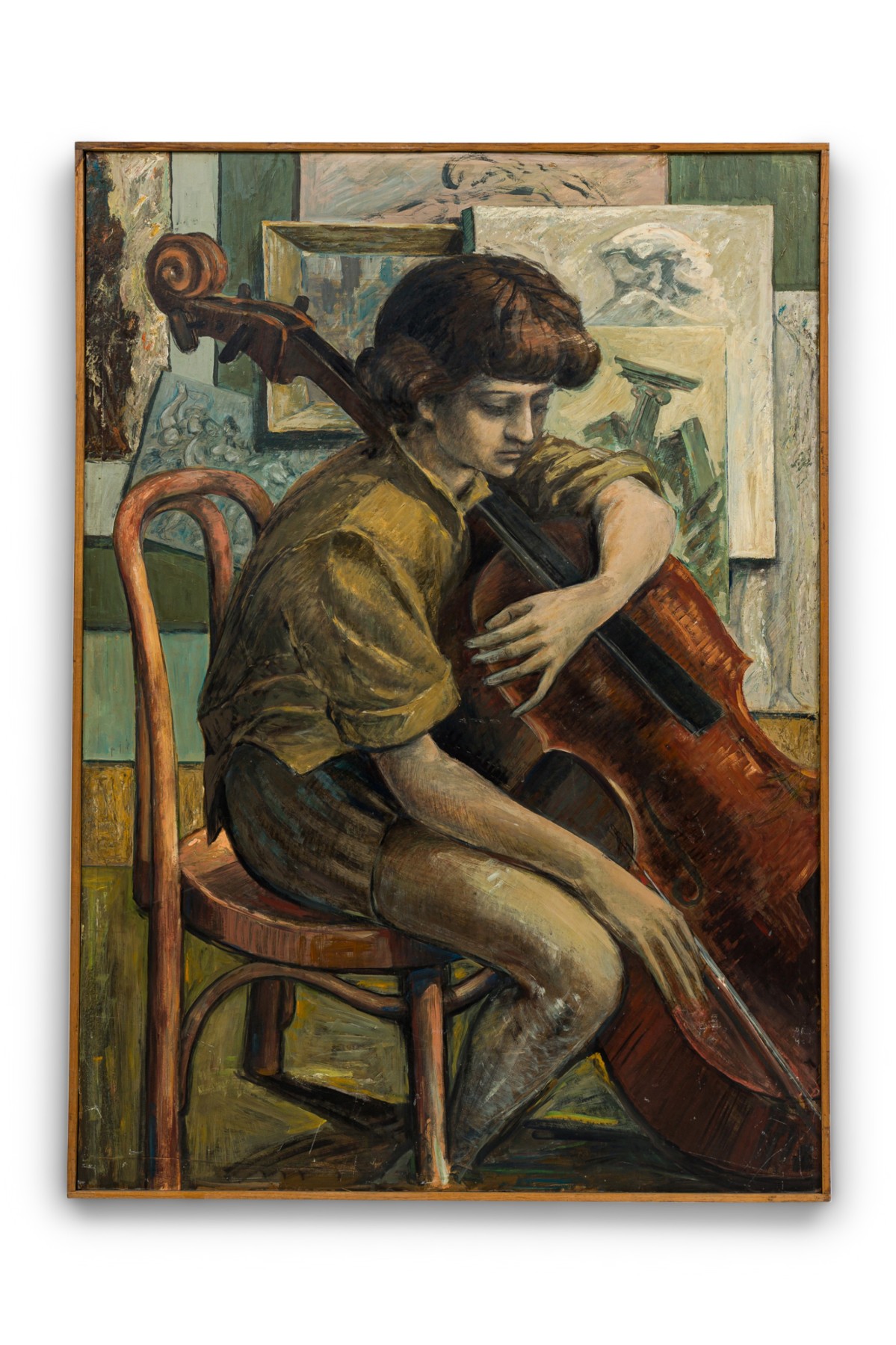 Contemporary american oil on board, young cellist