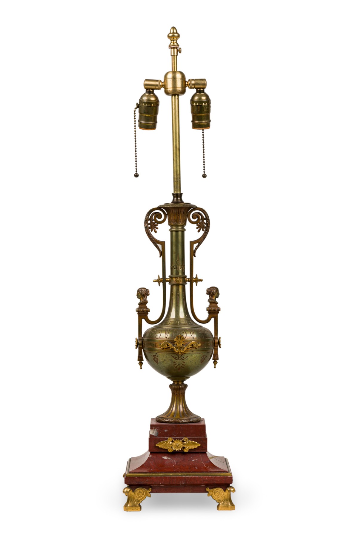 Ferdinand barbedienne pair of french empire style bronze and rosso marble lamps 