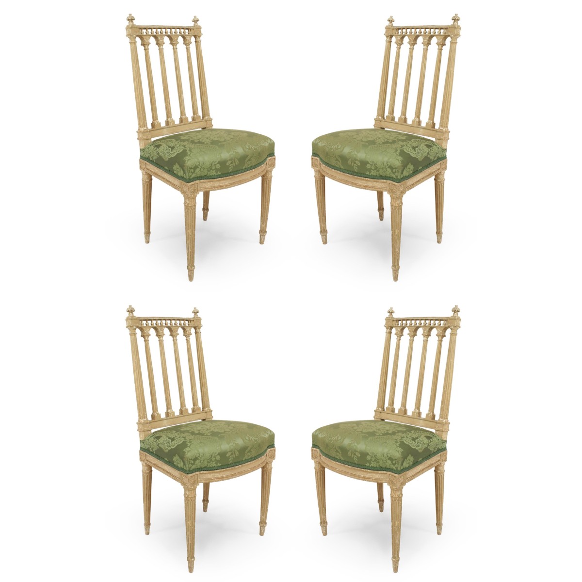 French louis xvi green damask side chairs