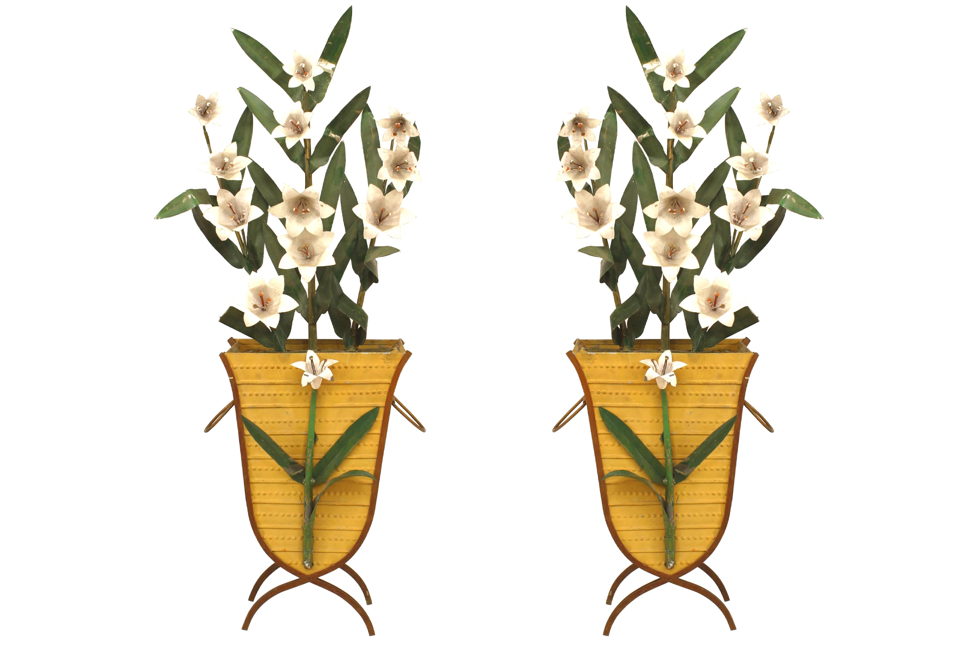 Pair american art moderne tole baskets with lillies
