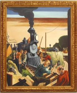 Reproduction of benton painting building of railroad