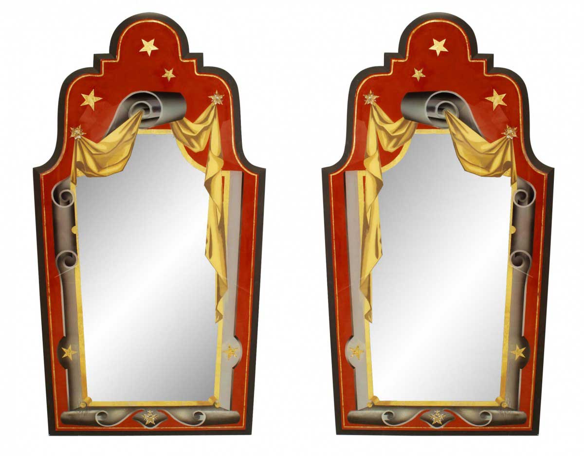 French art deco style red eglomise wall mirrors