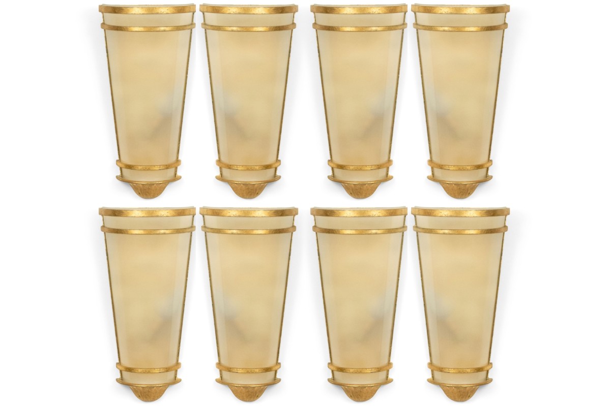 French mid century gilt metal and glass wall sconces