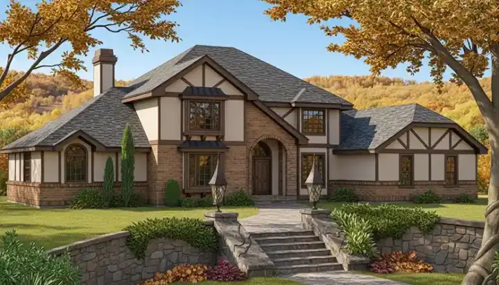 Tudor house plans 1-186 - front exterior, 3,419 sq ft, 5 bed, 3 bath house plans | Monster House Plans