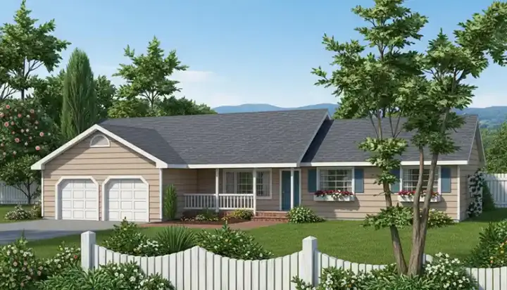 Ranch house plans 1-293 - front exterior, 1,487 sq ft, 3 bed, 2 bath house plans | Monster House Plans