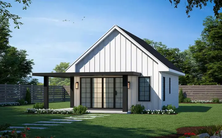 Modern house plans 10-2009 - front exterior, 682 sq ft, 2 bed, 1 bath house plans | Monster House Plans