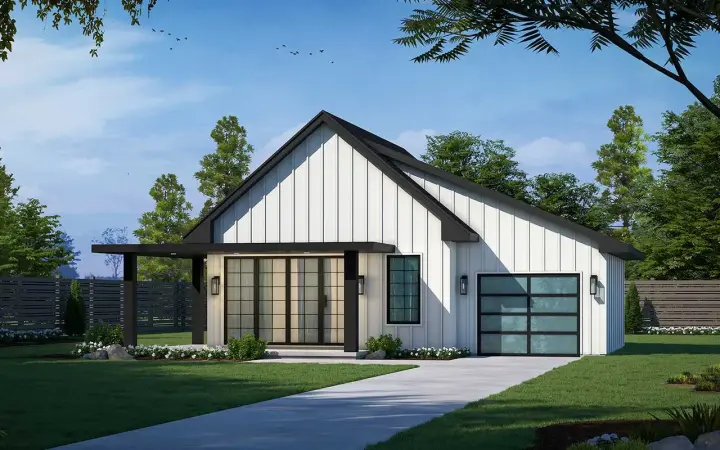 Modern house plans 10-2010 - front exterior, 682 sq ft, 2 bed, 1 bath house plans | Monster House Plans