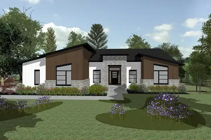 Contemporary house plans 10-2087 - front exterior, 2,038 sq ft, 3 bed, 2 bath house plans | Monster House Plans